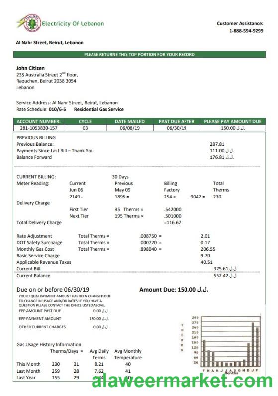 Lebanon Electricity of Lebanon utility bill template in Word and PDF format